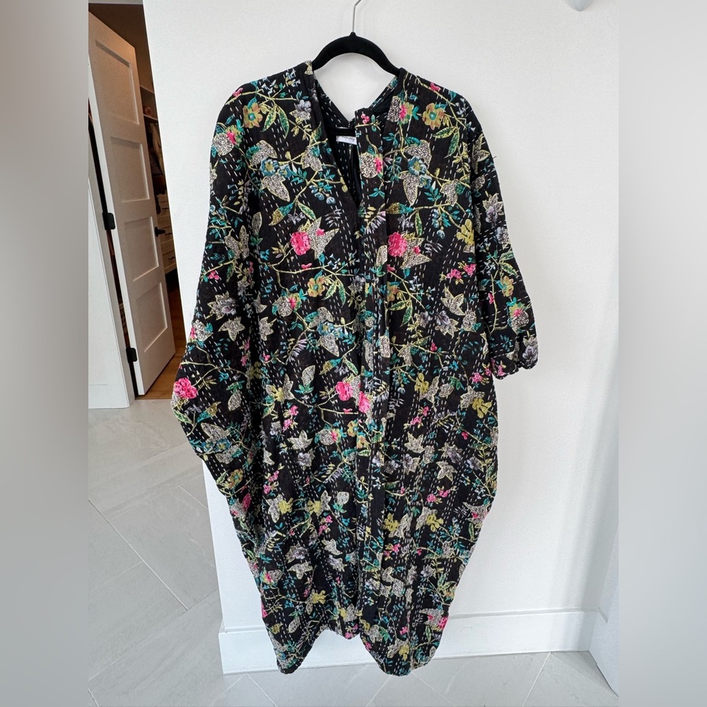 Embroidered Black Floral Long Sleeve Dress thick cotton